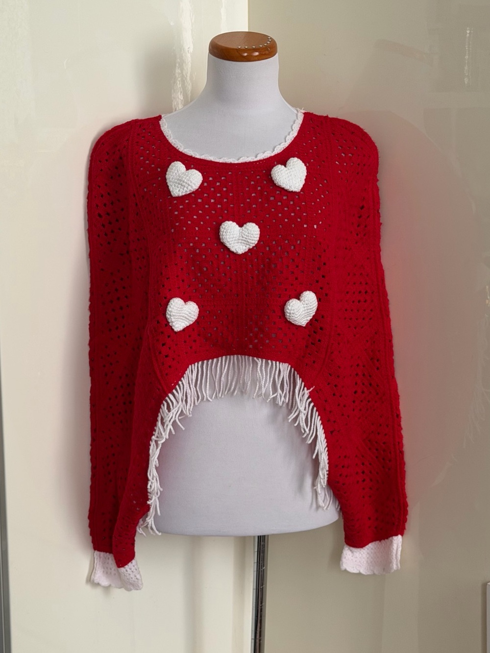 NWT House of Harlow 1960 Crochet 3D Heart Fringe Sweater Poncho OSFA